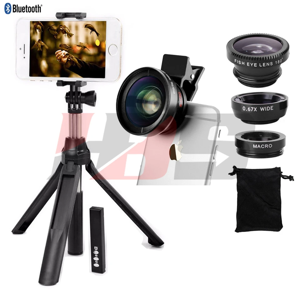 

2in1 HD Phone Camera 0.45X Wide Angle 12.5X Macro Lens Fisheye Wide Angle Macro Lentes Monopod Tripod Shutter For iphone 5 6s 7