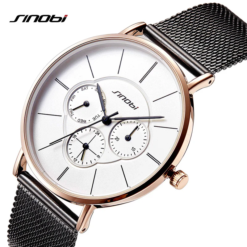 

SINOBI 8MM Ultra Thin Women Watches 2019 Week Display Quartz Watch Woman Steel Mesh Strap Dress Ladies Watch Montre Femme
