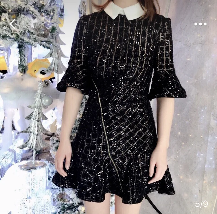 

fashion party black one-piece mini dress 2018 new turn-down collar beading chic