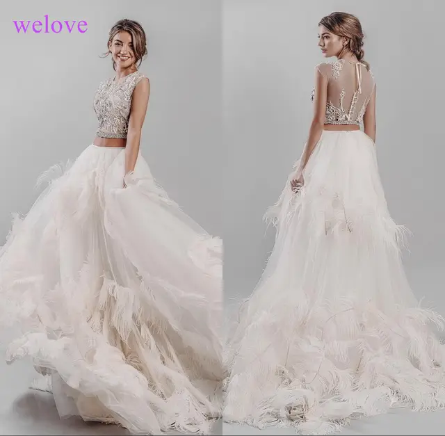 New Arrival 2019 Luxurious Feather Wedding Dress Sexy Transparent