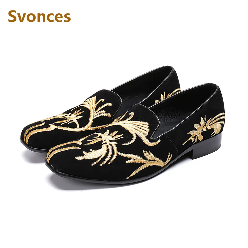 New Comfortable Flock Mens Loafers Luxury Gold Embroidery Casual Flats Breathable Slip-On Low Heels Black Party Shoes Man | Обувь