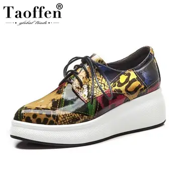 

Taoffen Women Vulcanized Shoes Genuine Leather Print Round Toe Thick Bottom Shoes Daily Outdoor Women Footwear Size 34-39