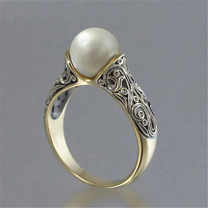 YWOSPX, винтажный узор, белый искусственный жемчуг, Anel, золотого цвета, кольца для женщин, ювелирные изделия, свадебные, Anillos, обручальное кольцо, подарки - Цвет основного камня: Gold