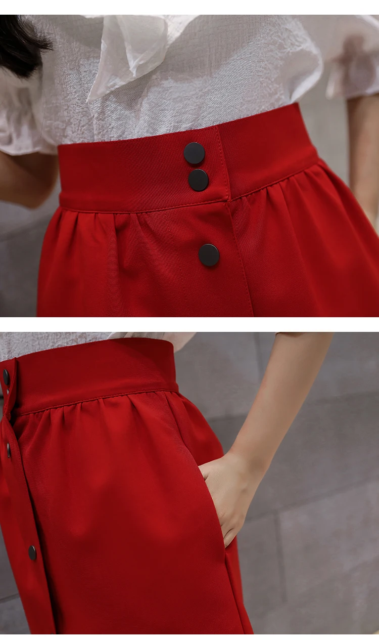 Женские юбки трапециевидной формы с высокой талией, элегантные офисные женские летние, тонкие однотонные белые юбки, красные, черные короткие однобортные юбки