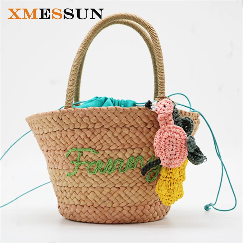 

High Quality Women Straw Bag Bohemian Bali Rattan Beach Handbag Embroidery Flamingo Handmade Kintted Shoulder Bags INS Popular