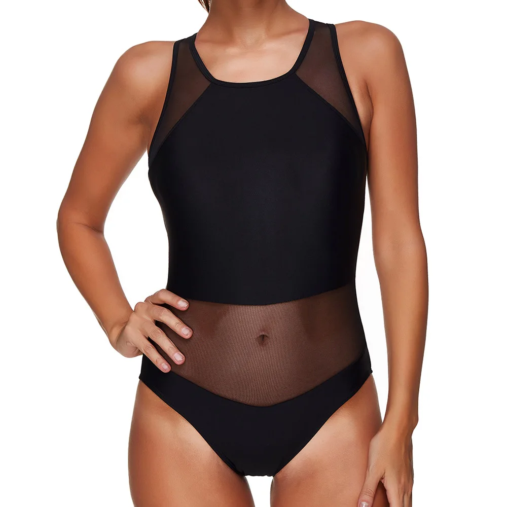 Black One piece Swimsuit Mesh Swimwear Women Tankini High Cut Bottom