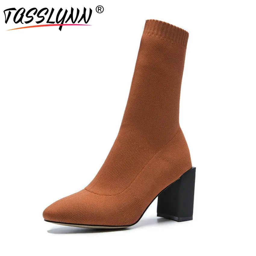 

TASSLYNN 2018 Women Winter Boots Pointed Toe Slip on Mid-calf Boots Shoes Square High Heel Stretch Fabric Women Boots Size 34-40