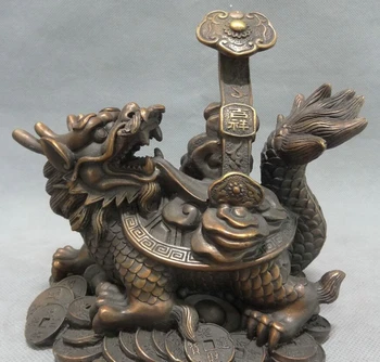 

song voge gem S2393 Chinese Bronze Animals FengShui Wealth Coin RuYi Shou Dragon Turtle Statue
