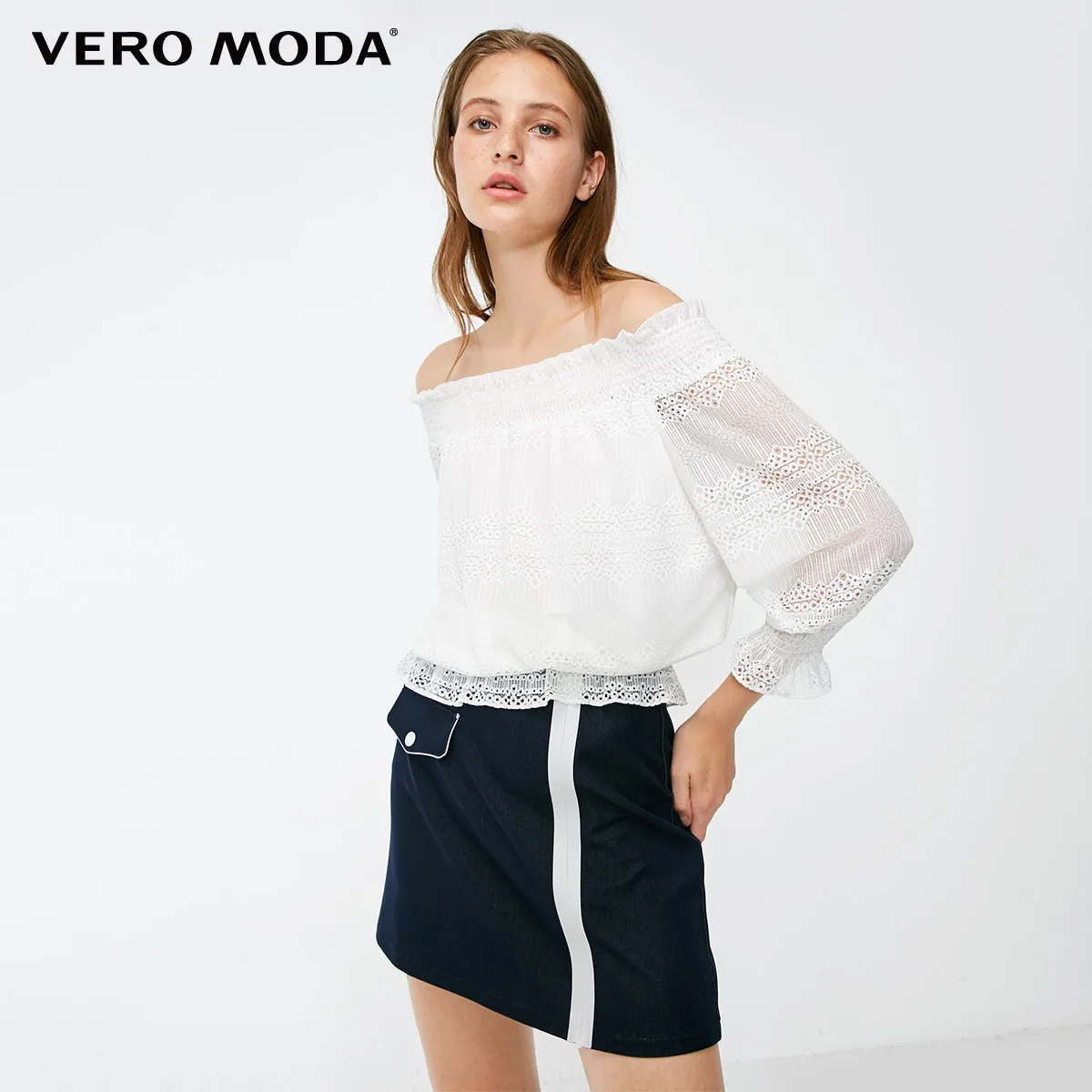 Vero Moda женские кружевные топы с открытыми плечами и вырезом лодочкой 3/4 рукавами | 318330506 - Цвет: Snow white