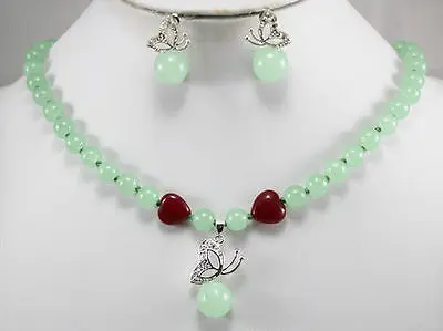

Beautiful jewelry green jade necklace butterfly pendant earrings set AAA style 100% Natural jade Noble Fine jewe