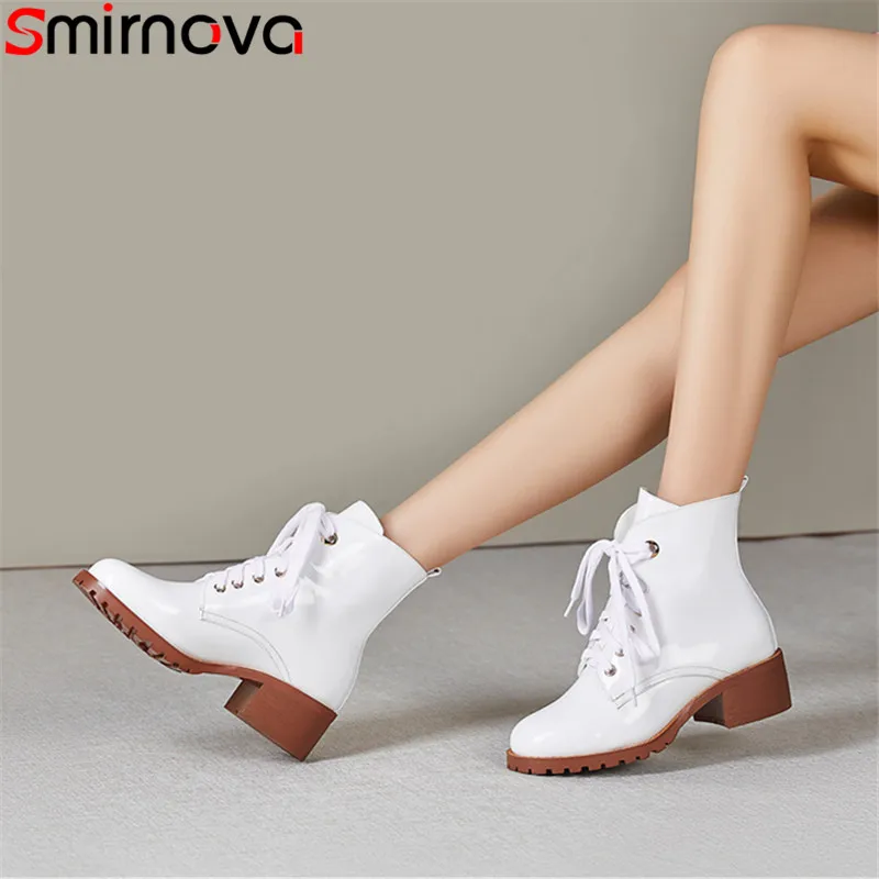 

Smirnova 2019 new ankle boots for woemn round toe lace up genuine leather shoes square high heels autumn winter women boots
