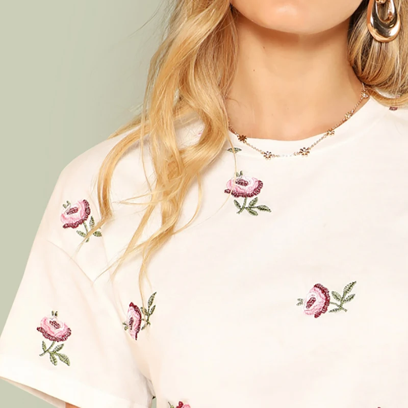Dotfashion белая футболка с вышитыми цветами Женская Повседневная Топ модная одежда цветочный летний короткий рукав женская футболка