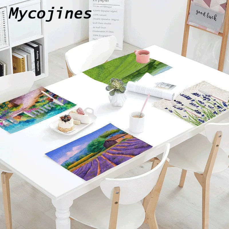 

Beautiful Landscape 42*32 cm Table Napkins Lavender Field Street View Printing Family Western Rrestaurant Decoration Tablecloth