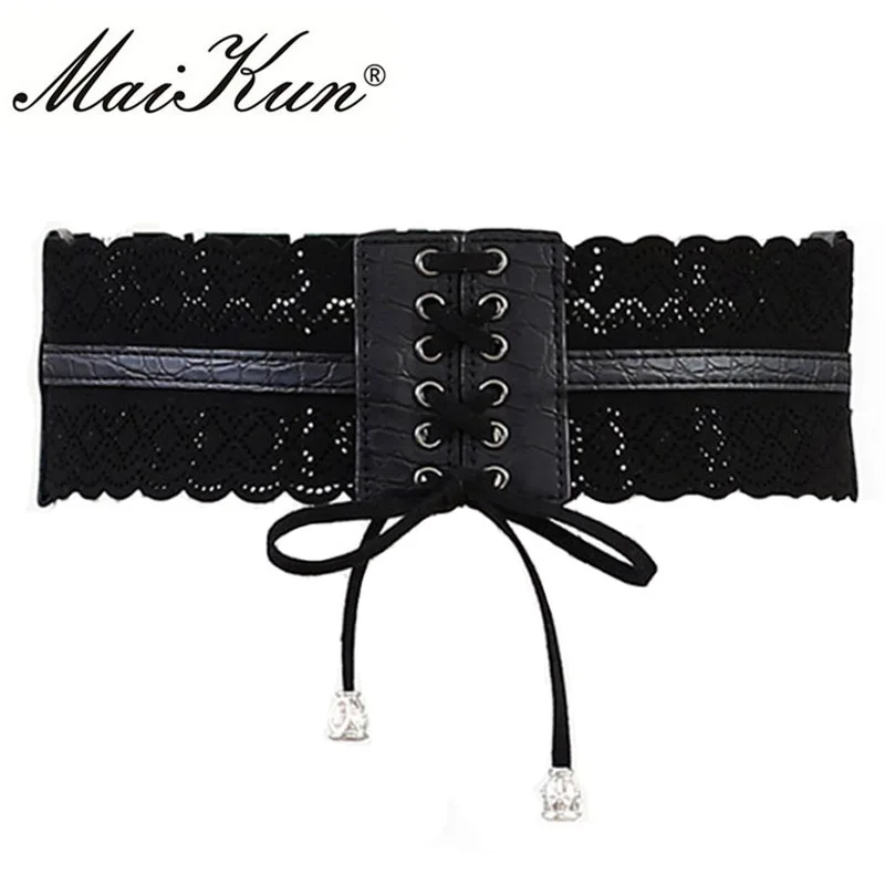 Maikun elastické široké pásy pro ženy Vysoce kvalitní PU kožené ženské pásy Děrovaný design Korzet na sukni