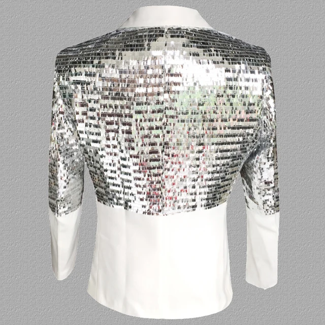 Mens One Button Patchwork Sequin Glitter Suit Jacket 2019 Brand New Nightclub DJ Prom Blazer Male Wedding Groom Stage Costumes 2