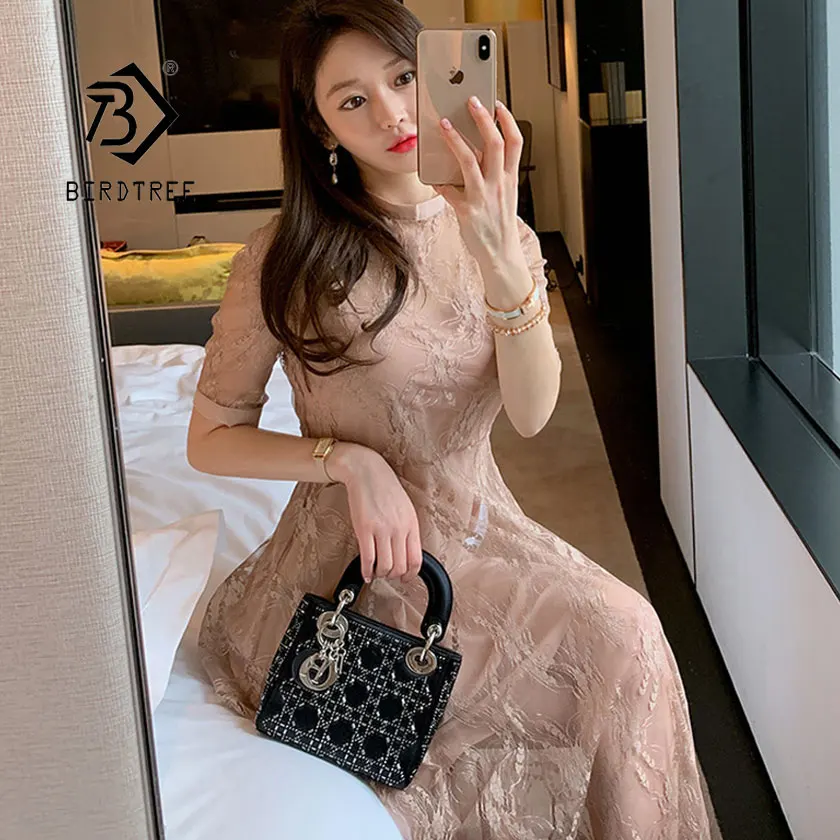 

2019 New Summer Women's Lace Up Bow Print Flower Hollow Dress High Waist O Neck Mid Calf Vestido Lady Korean Hot Sale D93608Z
