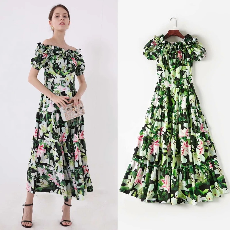 

Bohemia Style Summer Beach Outdoor Holiday Long Dress Green Leaves Flower Print Slash Neck Lady Women Dress