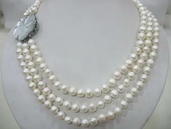 

3rows freshwater pearl white 7-8mm near round 17-19inch wholesale nature beads FPPJ