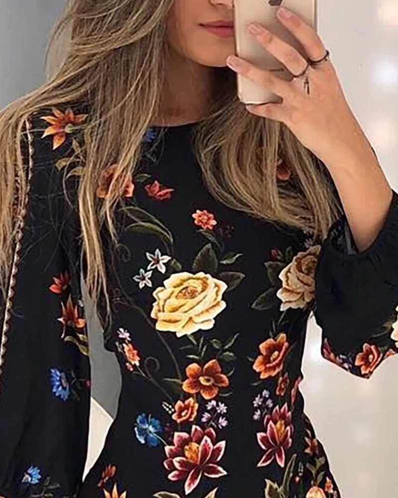 Vestido bodycon feminino, robe manga bishop estampa floral feriado urbano