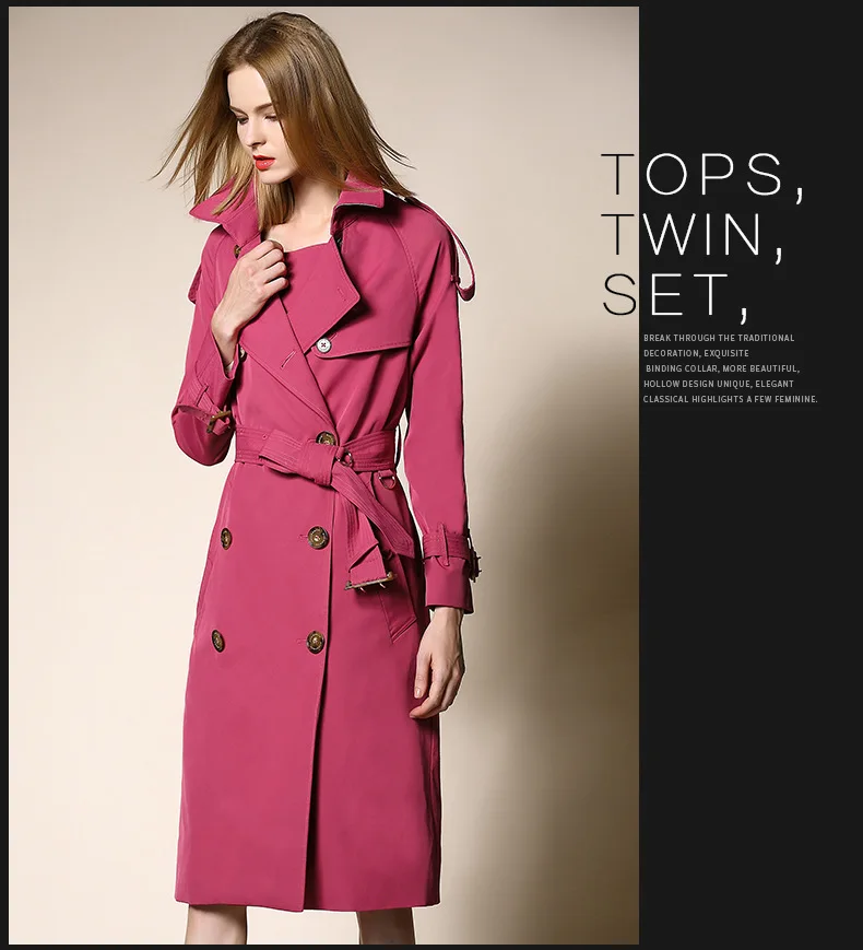 Европейский женский длинный Тренч двубортный пояс пальто 2018 осень ветровка дизайнерская женская верхняя одежда однотонная Розовая Одежда