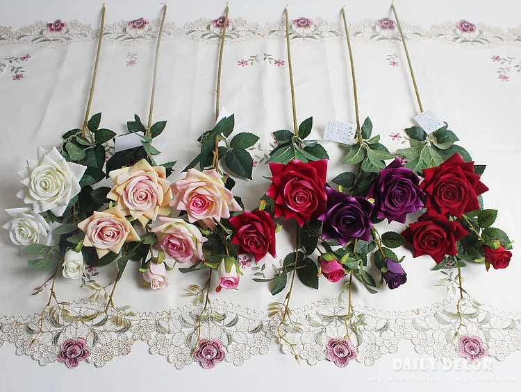 wholesale 90cm high simulation 3 heads long stem Velvet Rose artificial flowers high quality fake rose wedding flower 12pcs