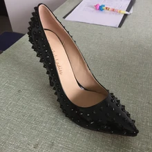 Rivet Patent Leather Pointed Toe Women Pump Slip-on Stilettos High Heels Red Bottom Size 36 Ladies Shoes OL Pump Shoes Spring