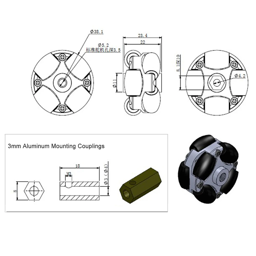 UniHobby UH184 38 мм 1 5 дюйма двойное пластиковое колесо Omni с 3 4 монтажными соединениями