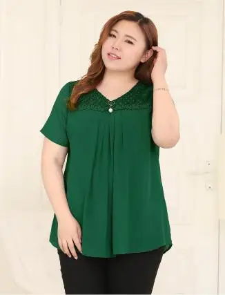 TUHAO рубашка большого размера шифоновая блузка повседневная короткая рубашка драпировка бисер блузки для мам размера плюс 10XL 8XL 6XL женские блузки MS31 - Цвет: Зеленый