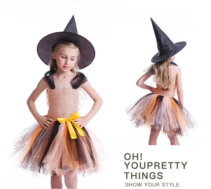 Girls Halloween Tutu Dress with Witch Hat Princess Tulle Kids Carnival Party Costume Knee-Length Handmade Children Clothing (8)