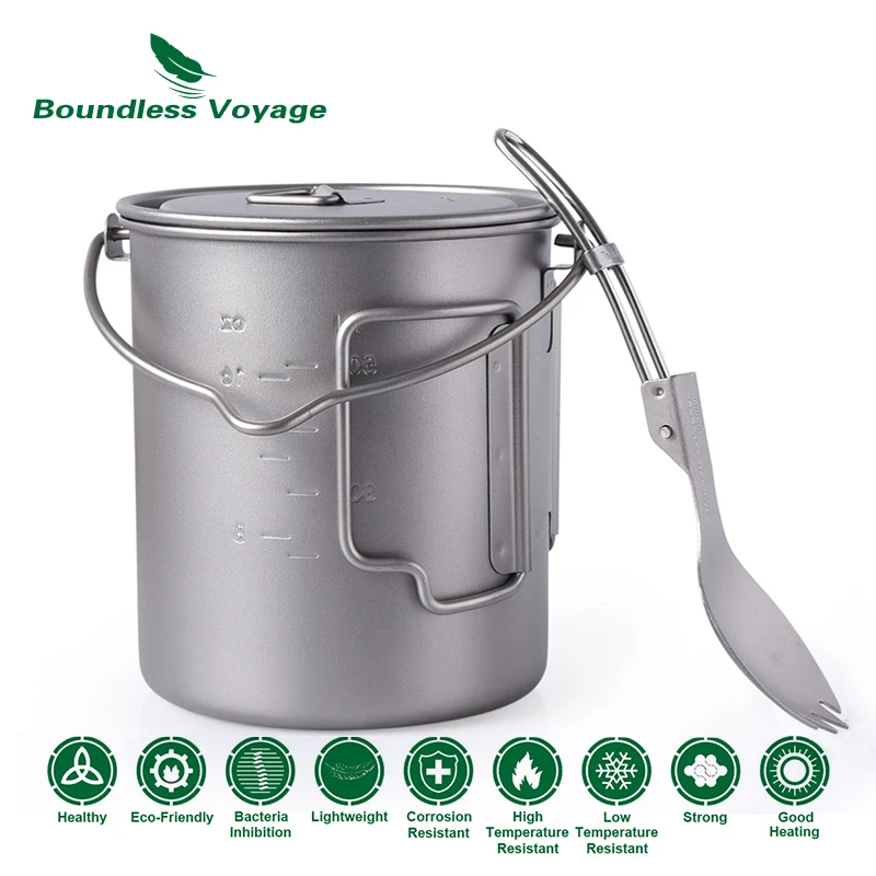 Kopen Grenzeloze Voyage Outdoor Titanium Cup Mok Pot Spork Set met Deksel Vouwen Handvat Camping Wandelen Picknick Ultralight Servies 750 ml