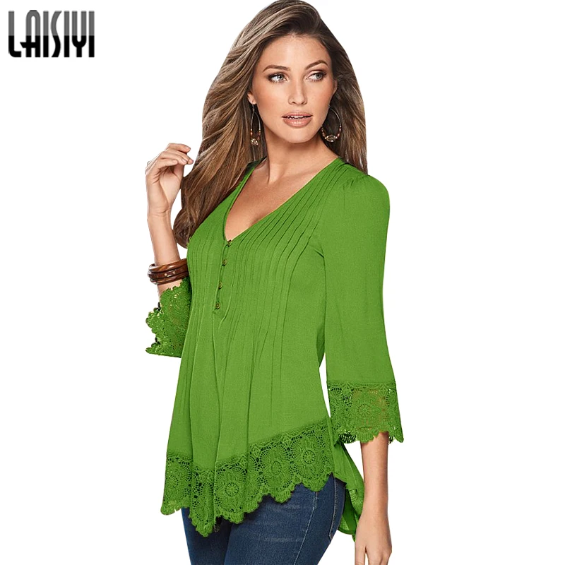 

LAISIYI Women Blouses Tops Autumn Ladies V Neck 3/4 Sleeve Irregular Hem Solid Shirts Elegant Lace Blusas Plus Size ASBL20020
