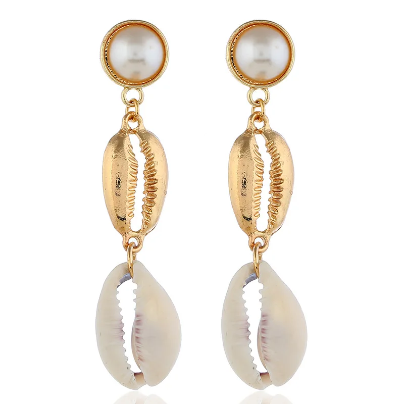 Trendy Gold Color Shells Round Pendant Ear Cuff Dangling Earrings for Women Bohemia Ocean Style Charm Statement Jewelry | Украшения и