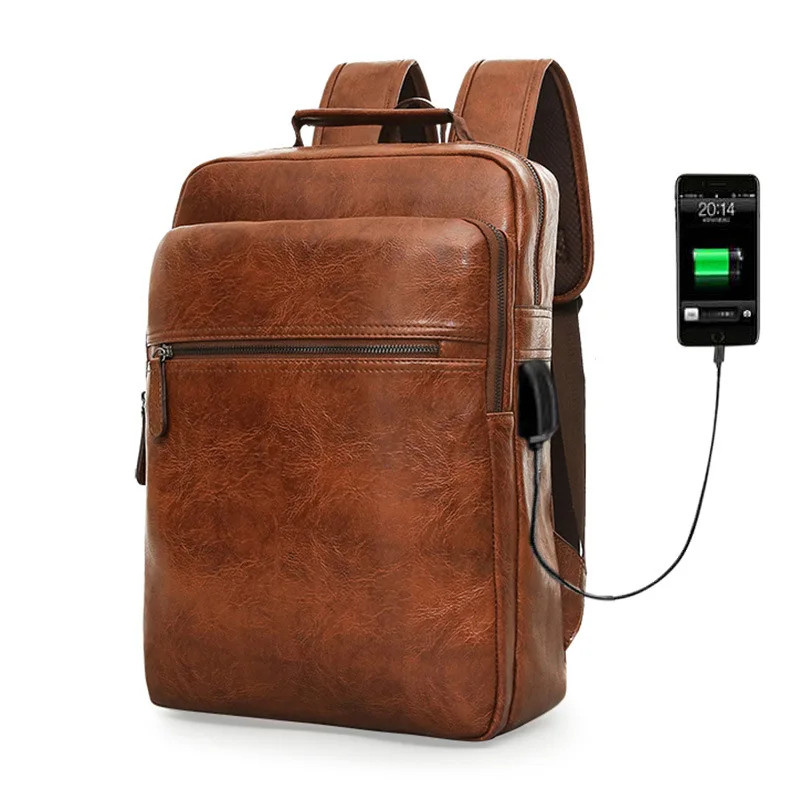 Fashion Laptop Men Backpack Large Capacity Travel Man Bag with USB Charging Backpacks PU Leather School College Waterproof - Цвет: 2