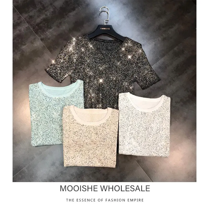 

2019 Summer New Color Rhinestone Hot Drilling Shiny Star Ice Silk Knitted Short-sleeved T-shirt Women