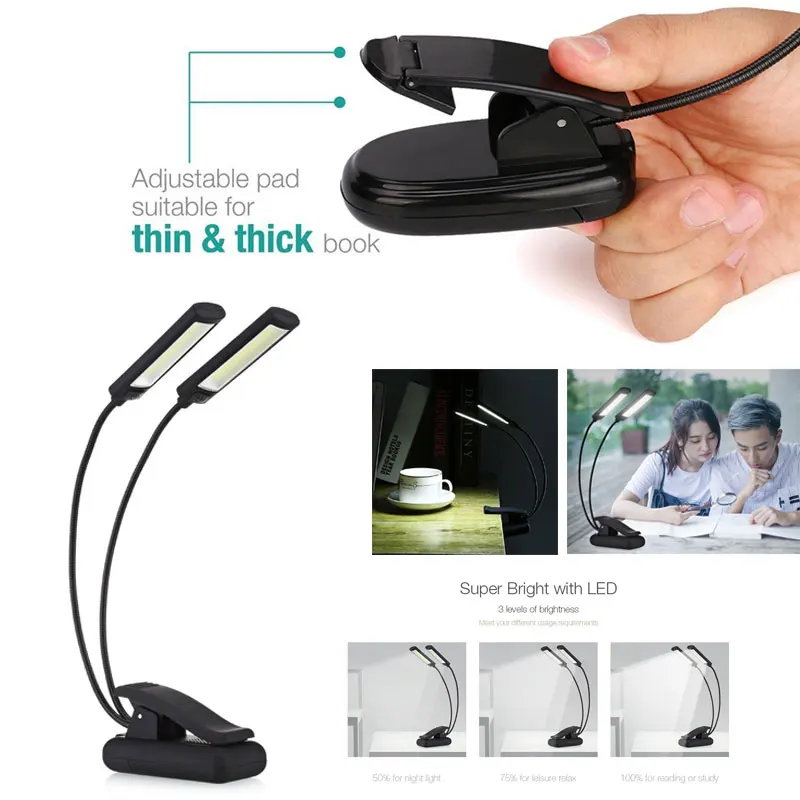 

Music Stand LED Clip Booklight Reading Light 3 Modes Mini Night Lamp Piano Torch Flexible Study Flashlight COB Dual Head