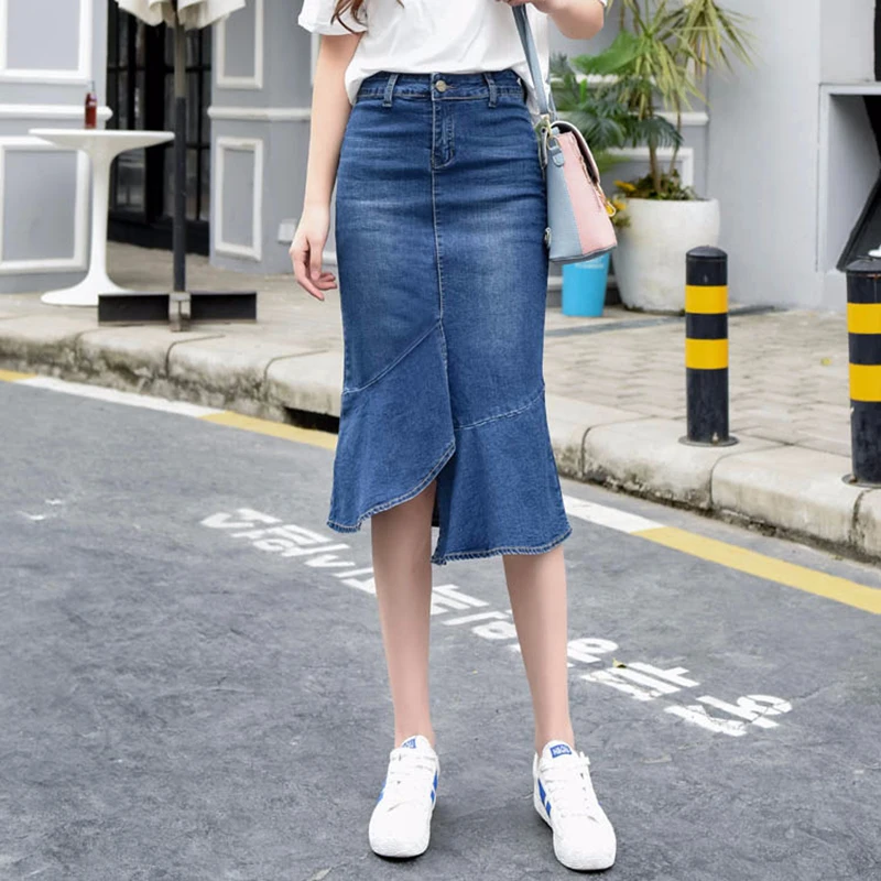 Women Denim Mermaid Long Skirt Spring Summmer Bodycon Plus Size 7xl 8xl Midi Skirt Ladies High