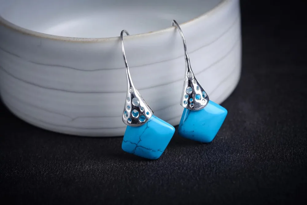 

fashion jewelry VINTAGE 925 SILVER MARCASITE DANGLE HOOK EARRING blue stone Brincos Ohrringe Sterling Silver Earring