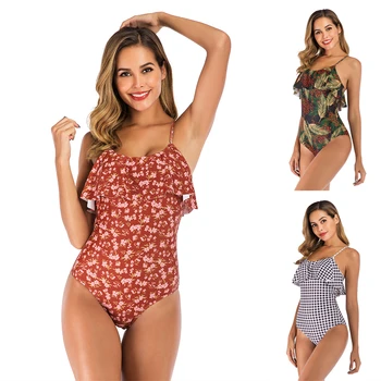 

Floral One Piece Swimsuit Women 2020 Ruffled Bikini Swimsuit Sexy Backless Swimwear Cut out High Waist Bathing Suit Biquini Swim