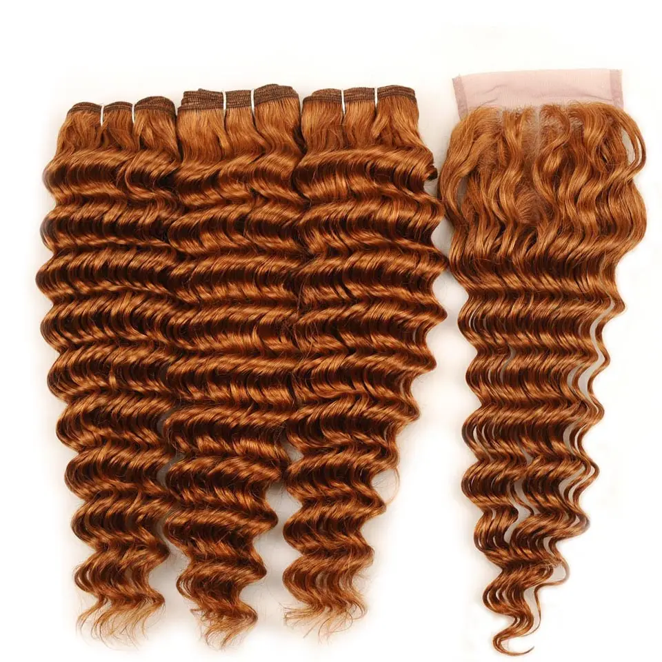 Pinshair Deep Wave 3 Bundles With Closure Blonde 30 Peruvian Human Hair Bundle With Middle Part Closure 10-26 Inch Non Remy Hair (37)