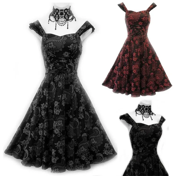 

Halloween Gothic Vintage Printed Dress Square Collar Wrapped Chest Bowknot Women Summer Party Elegant Dress