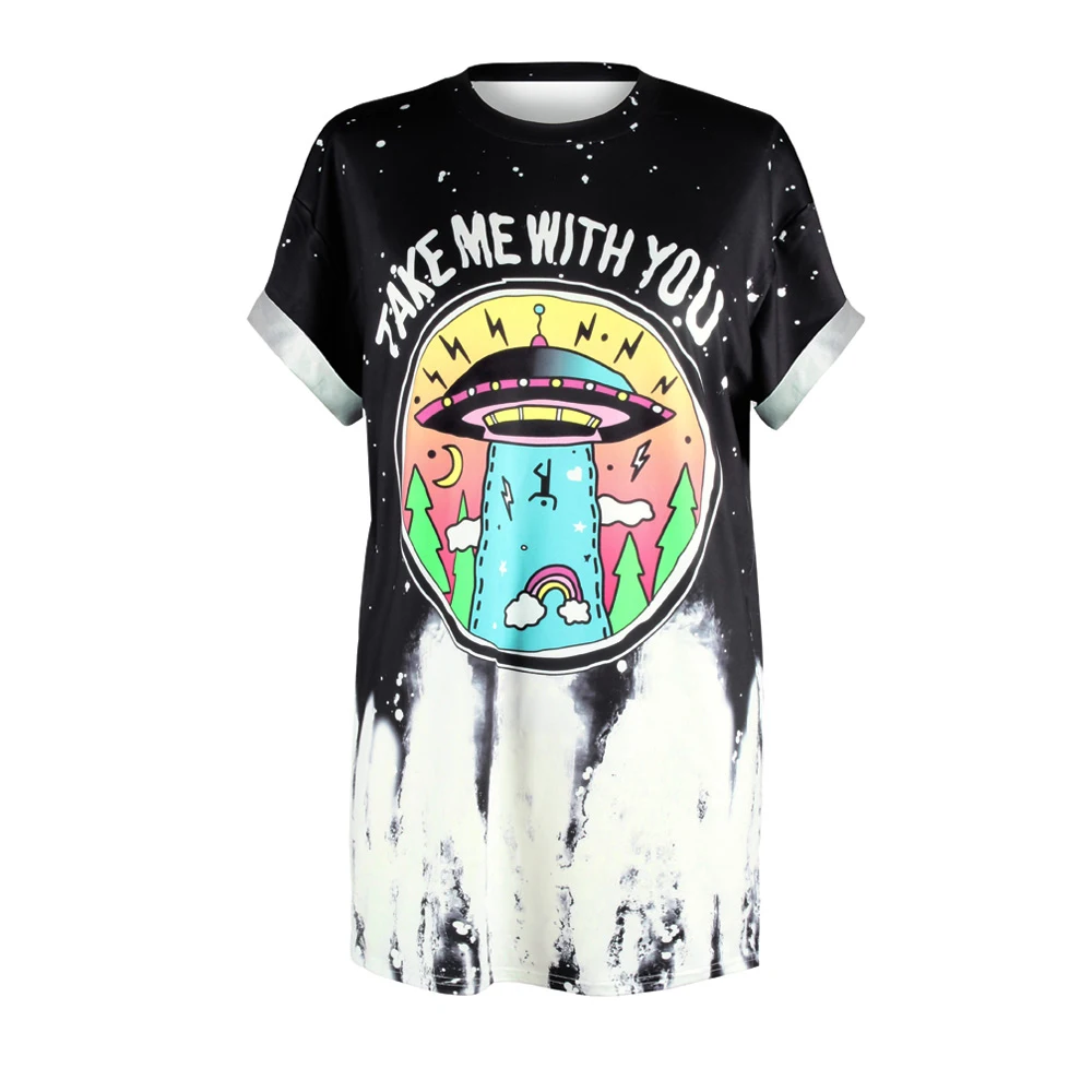 

2019 New Arrival Women Plus Size Long Tshirts 3d Print Alien Print Round Neck Loose Punk T-shirt Women Short Sleeves Tee Tops