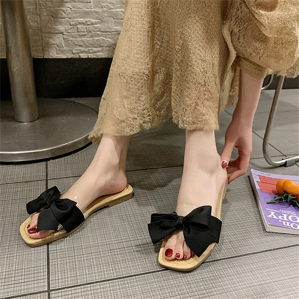 

Summer Slippers Women Bow Slides Women Slippers 2019 Transparent Flip Flops Women Flat Sandals Beach Shoes