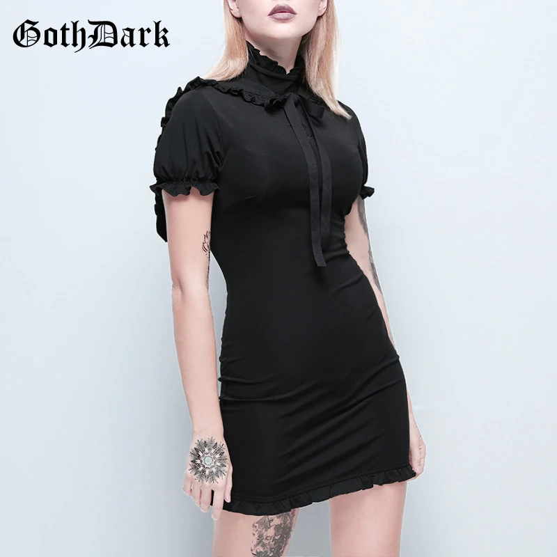 

Goth Dark Black Grunge Punk Gothic Dresses Harajuku embroidery Patchwork Ruffle Bandage Sexy High Waist Dress Fall 2019 Fashion