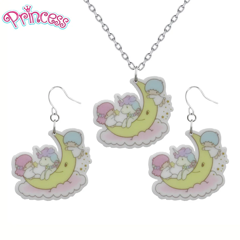 

2019 Fashion Girl Kid Gift Jewelry Pretty Moon Unicorn Earring Pendant Short Chain Necklace Xma Gift Women Jewelry KS135
