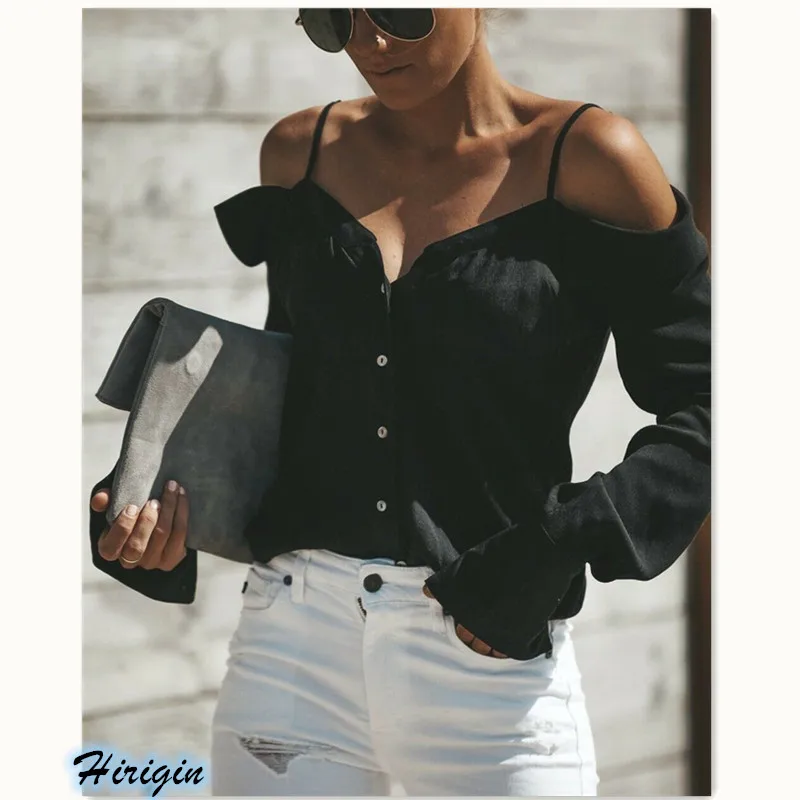 

Summer Women Casaul Tops 2019 New Casual Summer Women Solid Long Sleeve Off Shoulder Loose Button Tops