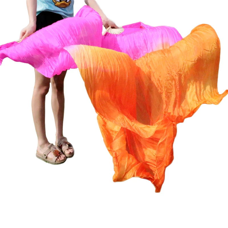 

1 Pair 100% Silk Veils Dance Fans Handmade Dyed Bamboo Ribs Belly Dancing Long Silk Fans Gradient Rose+Orange Can Be Customized