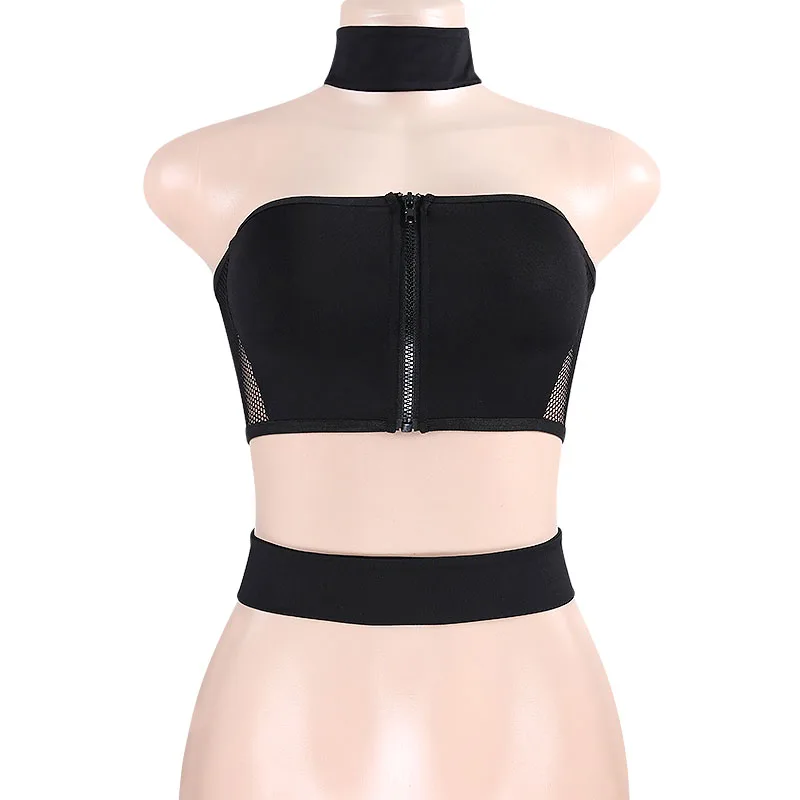 InstaHot Sexy Mesh Zipper Tube Tops Women Choker Neck Waist Circle Bandage Ribbon Sleeveless Backless Crop Tank Top Girl Fashion