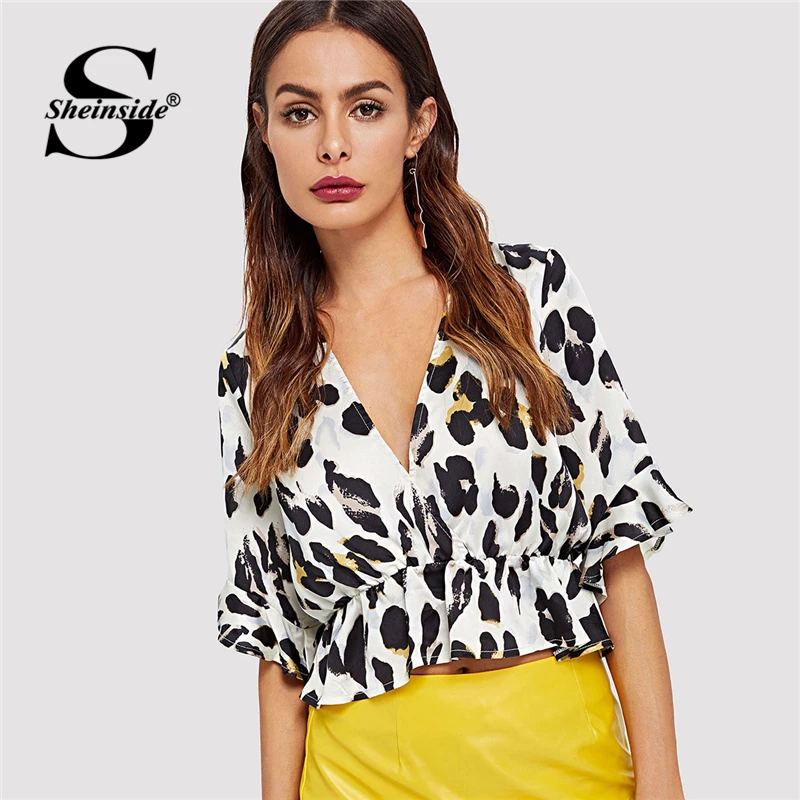 Vente Sheinside Imprimé Léopard À Volants Casual Blouse Dames de Bureau Vêtements De Travail Profonde V Cou de Volant Manches Crop Top D été Femmes Chemise