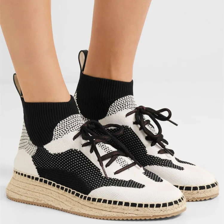 

New Womens Knitted Lace Up Flat Platform Casual Shoes Leather Lining High Top Black White Mixed Color Round Toe Shoes G57