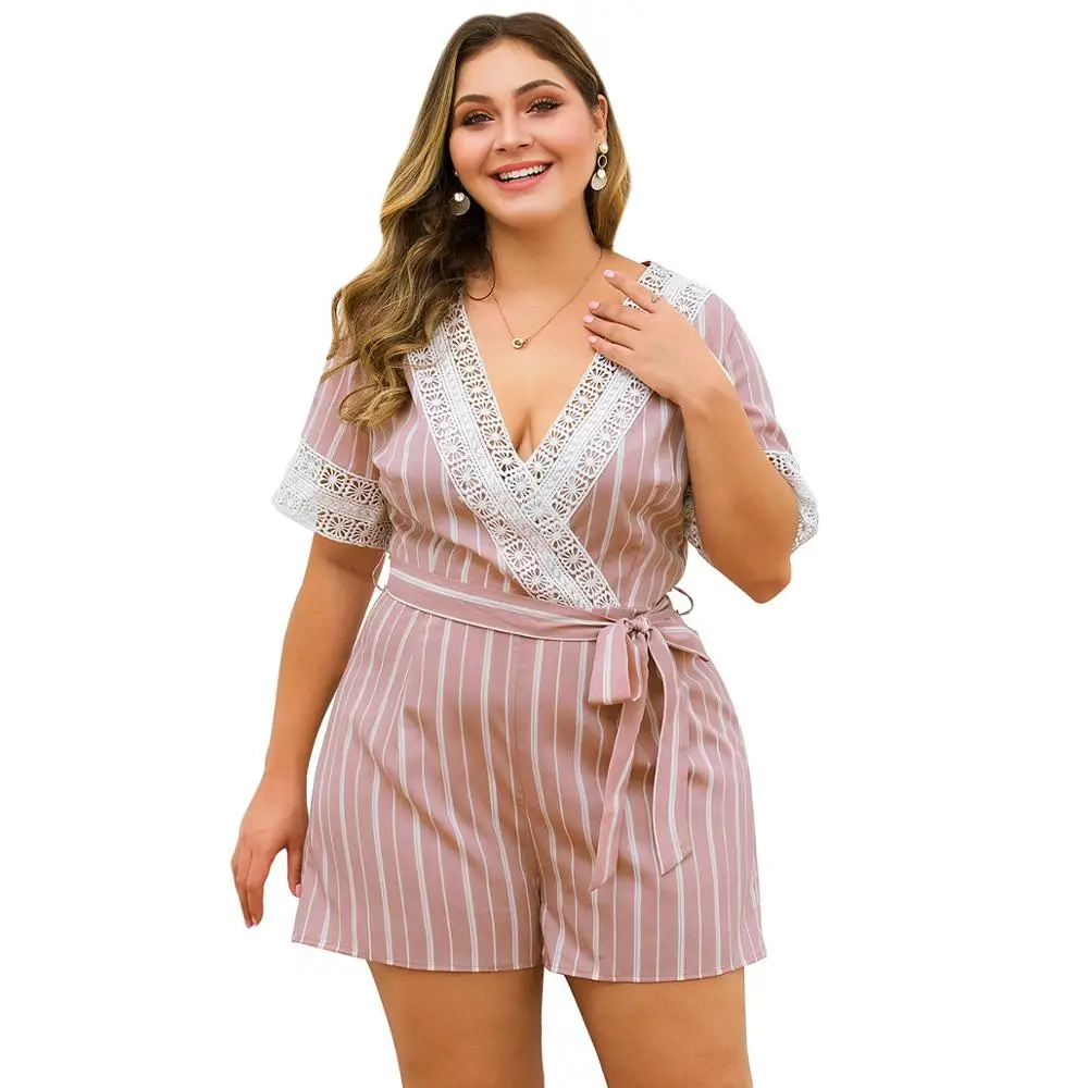 

WHZHM Plus Size 3XL 4XL Lace Patchwork Pink Playsuits Women Sashes Deep V-Neck Loose Pants Lacing Casual Striped Playsuits Lady